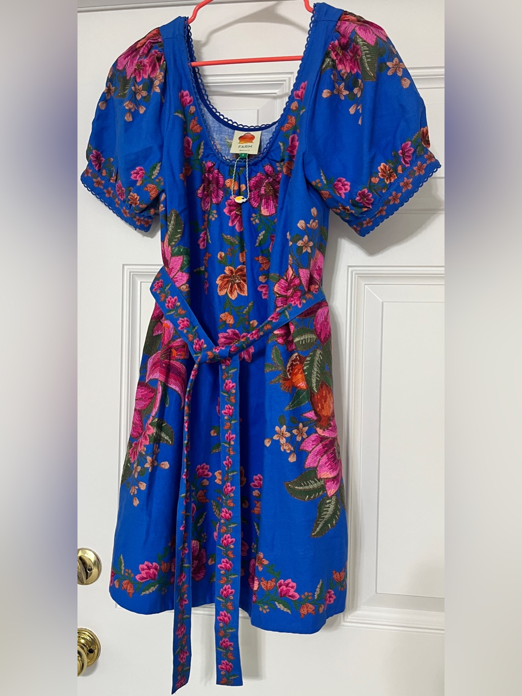 New Small Farm Rio Blue Floral Mini Dress With Pink & Orange Blooms